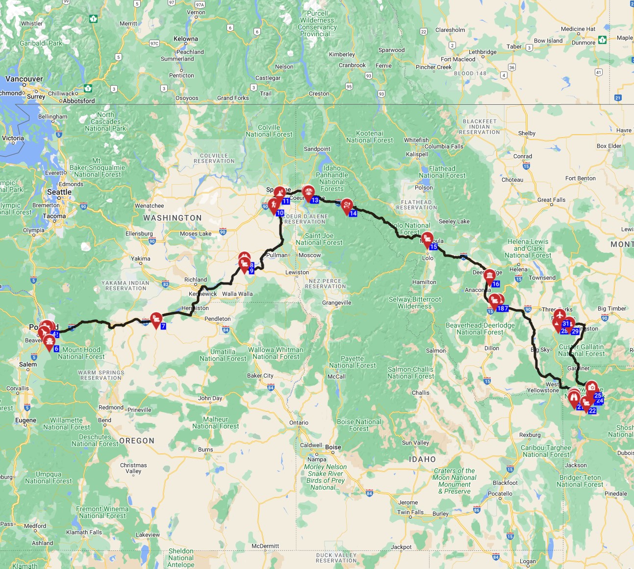 Portland to Bozeman Motorhome route planner in the USA